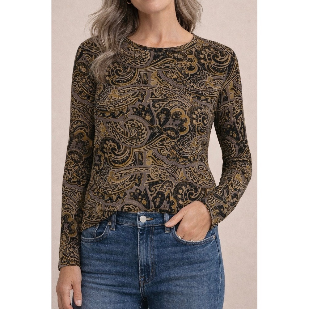 Chico's Design Womens Top Paisley Gold Black Size XL Vintage Long Sleeve Shirt 3